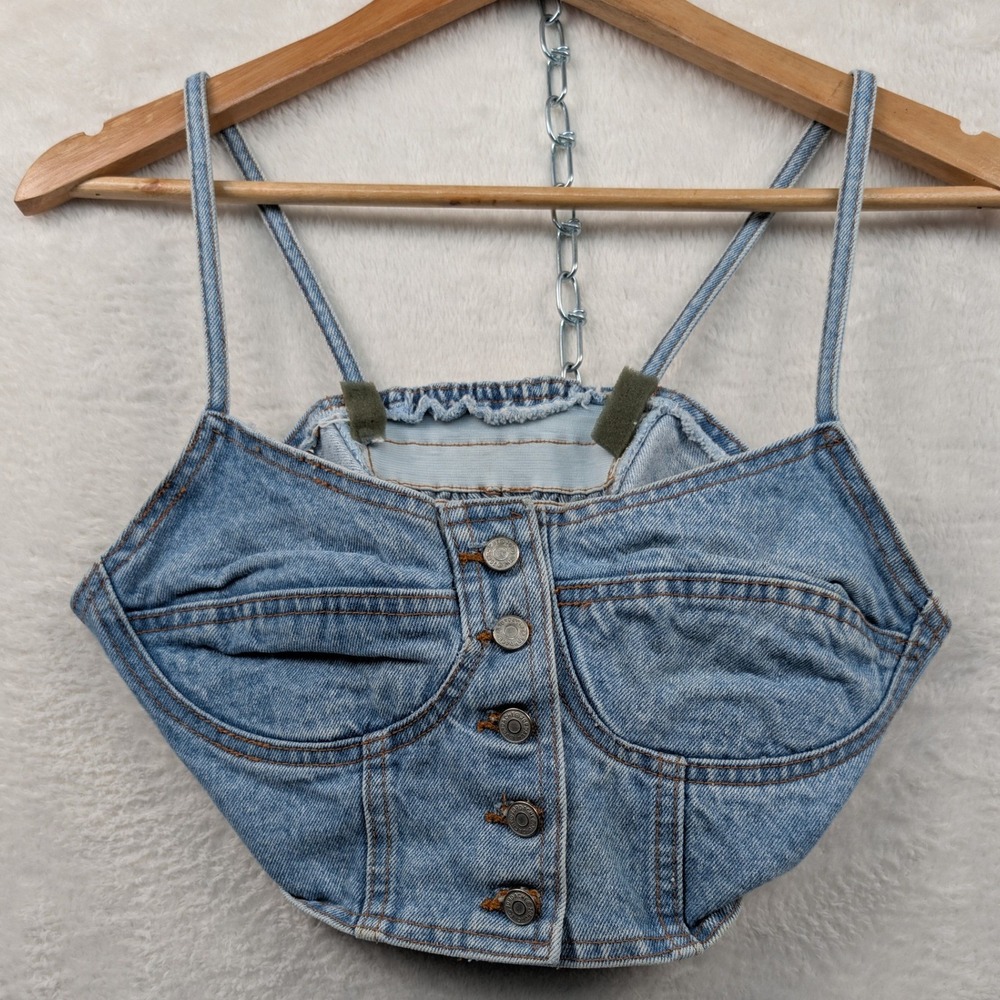 VTG Jordache Corset Top Womens XS Blue Denim Bustier Smocked Back Sweetheart 90s
